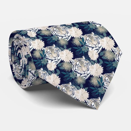 Floral Blue Design Trendy Tiger Animal Waterverf Stropdas (Opgerold)