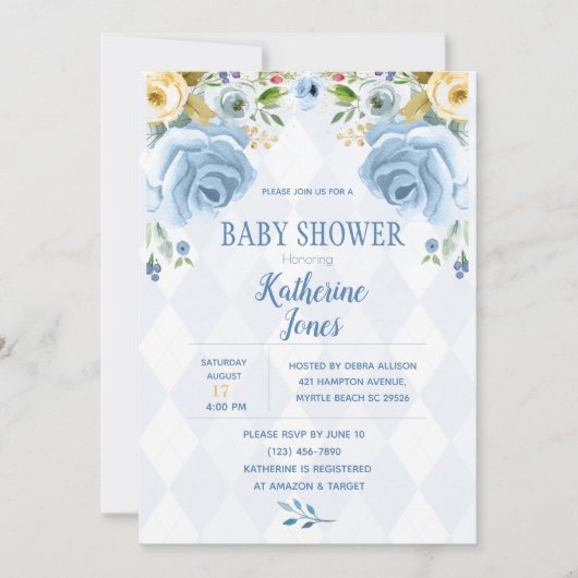 Floral Blue Diamond Baby Shower-uitnodiging Kaart (Voorkant)