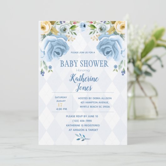 Floral Blue Diamond Baby Shower-uitnodiging Kaart (Staand voorkant)