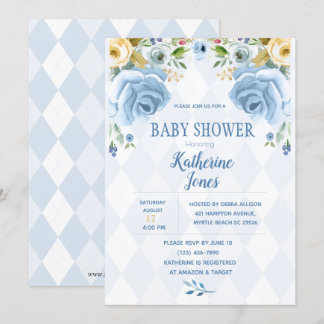 Floral Blue Diamond Baby Shower-uitnodiging Kaart