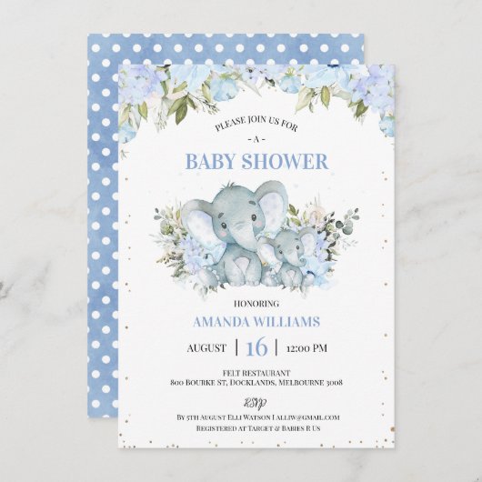 Floral Blue Elephant and Calf Boys Baby shower Kaart (Voorkant / Achterkant)