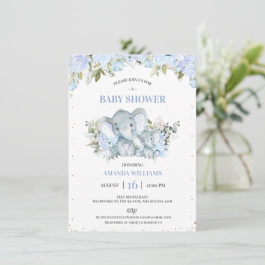 Floral Blue Elephant and Calf Boys Baby shower Kaart (Staand voorkant)