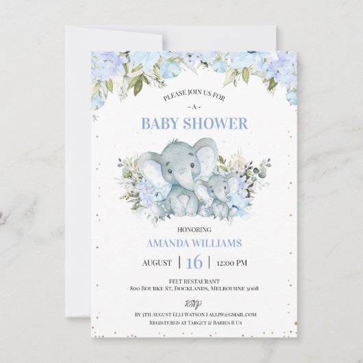 Floral Blue Elephant and Calf Boys Baby shower Kaart (Voorkant)