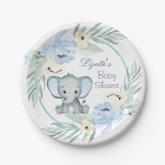 Floral blue Elephant Baby shower Paper Bord (Voorkant)