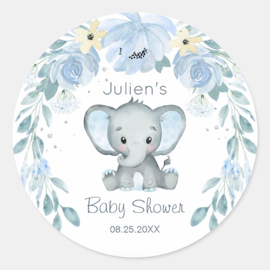 Floral Blue Elephant Baby shower Ronde Sticker (Voorkant)