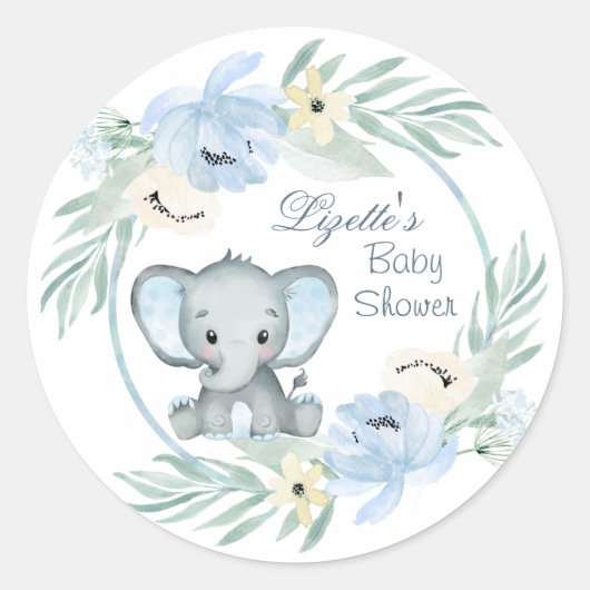 Floral blue Elephant Baby shower Ronde Sticker (Voorkant)