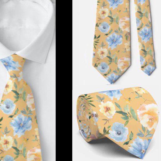 Floral Blue en Gold Flowers Stropdas Necktie