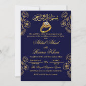 Floral Blue en Gold Moslim Islamitisch Verloving Kaart (Voorkant)