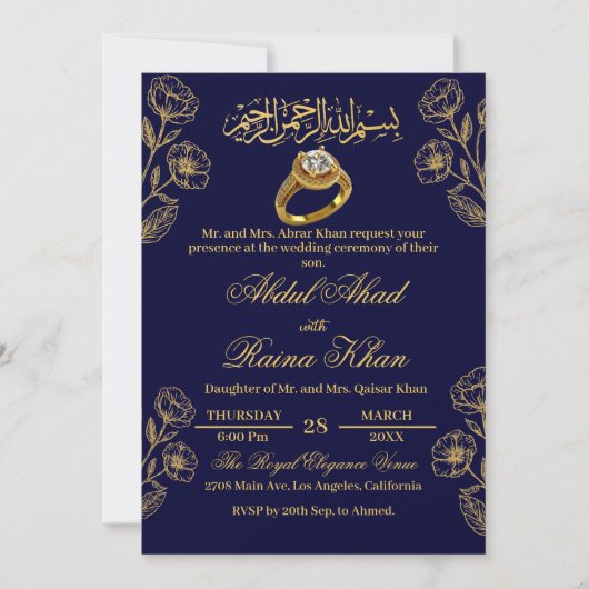 Floral Blue en Gold Moslim Islamitisch Verloving Kaart (Voorkant)