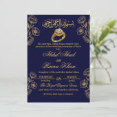 Floral Blue en Gold Moslim Islamitisch Verloving Kaart (Staand voorkant)