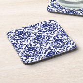 Floral Blue en White Damask flower Bier Onderzetter (Linkerzijde)