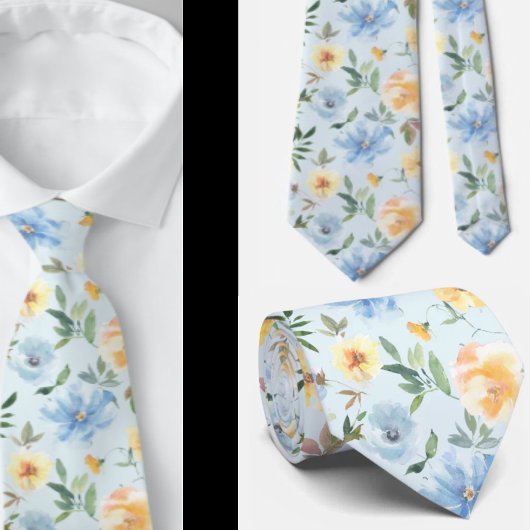 Floral Blue en Yellow Flowers Stropdas Necktie
