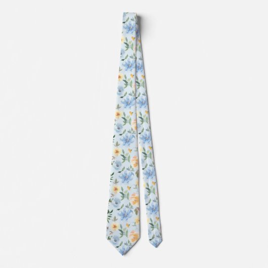 Floral Blue en Yellow Flowers Stropdas Necktie (Voorkant)