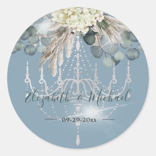 Floral Blue Eucalyptus Chandelier Elegant Wedding Ronde Sticker (Voorkant)