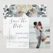 Floral Blue Eucalyptus Chandelier Elegant Wedding Save The Date (Voorkant / Achterkant)