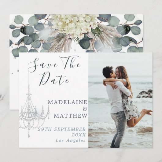 Floral Blue Eucalyptus Chandelier Elegant Wedding Save The Date (Voorkant / Achterkant)
