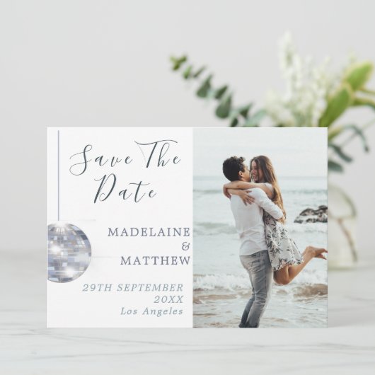 Floral Blue Eucalyptus Disco Elegant Wedding Save The Date (Staand voorkant)