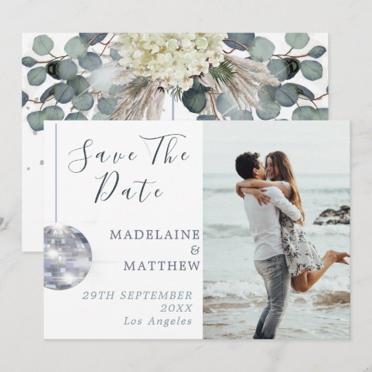 Floral Blue Eucalyptus Disco Elegant Wedding Save The Date (Voorkant / Achterkant)