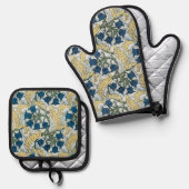 Floral Blue Flowers Lily Valley herhaling Ovenwant & Pannenlap Set (Voorkant / Achterkant)