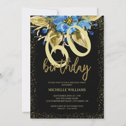 Floral Blue Glitter Gold Calligraphy Verjaardag Kaart (Voorkant)