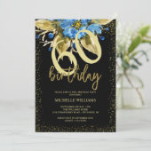Floral Blue Glitter Gold Calligraphy Verjaardag Kaart (Staand voorkant)
