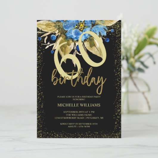 Floral Blue Glitter Gold Calligraphy Verjaardag Kaart (Staand voorkant)