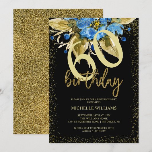 Floral Blue Glitter Gold Calligraphy Verjaardag Kaart (Voorkant / Achterkant)