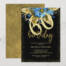 Floral Blue Glitter Gold Calligraphy Verjaardag Kaart