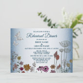 Floral Blue Glitter Wedding Rehearsal Dinner Party Kaart (Staand voorkant)