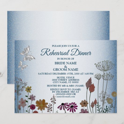 Floral Blue Glitter Wedding Rehearsal Dinner Party Kaart (Voorkant / Achterkant)