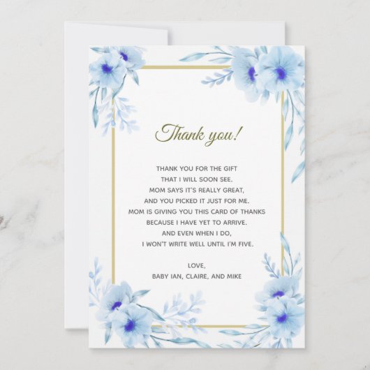 Floral Blue Gold Baby shower Hartelijk dank Bedankkaart (Voorkant)