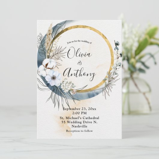 Floral Blue Gold Boho Wedding Kaart (Staand voorkant)