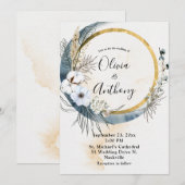 Floral Blue Gold Boho Wedding Kaart (Voorkant / Achterkant)
