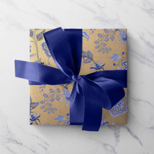Floral Blue Gold Delicate Oriental Gold Foxier Cadeaupapier