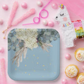 Floral Blue Gold Elegant Birthday Papieren Bordje (Feest)