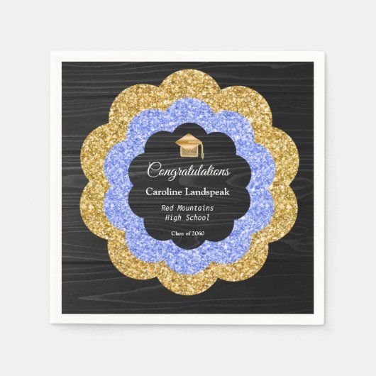 Floral Blue Gold Graduation Party Servet (Voorkant)