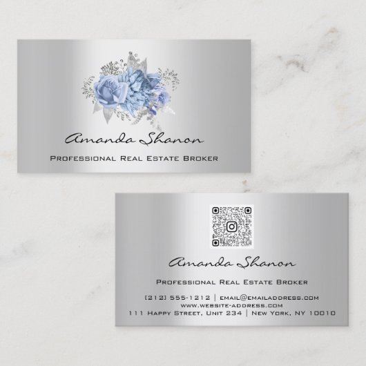 Floral Blue GrayLogo QRCODE voor de bruiloft Visitekaartje (Voorkant / Achterkant)