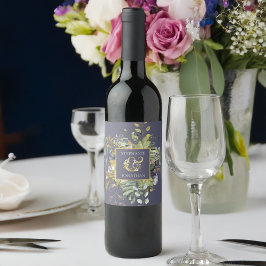 Floral Blue & Green w Ampersand Bruiloft Wijn Etiket