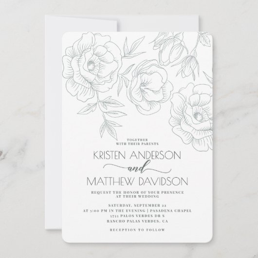  Floral Blue Grey Modern Wedding Kaart (Voorkant)