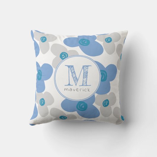 Floral Blue Grey Schattig Eenvoudig Monogram Kussen (Achterkant)