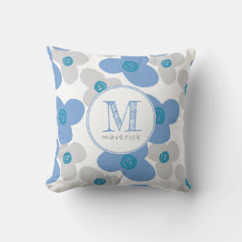 Floral Blue Grey Schattig Eenvoudig Monogram Kussen