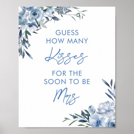 Floral Blue Hoeveel Kisses Vrijgezellenfeest spel Poster (Voorkant)