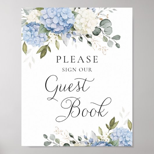 Floral Blue Hydrangea Bruiloft Gast Boek teken Poster (Voorkant)