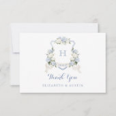 Floral Blue Hydrangea Crest Bruiloft Monogram Bedankkaart (Voorkant)