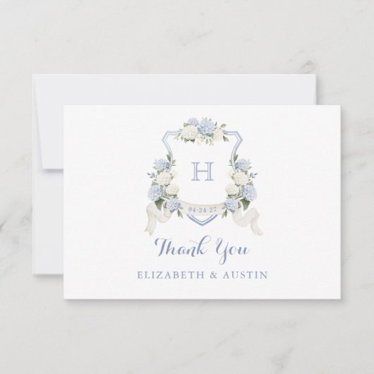Floral Blue Hydrangea Crest Bruiloft Monogram Bedankkaart (Voorkant)