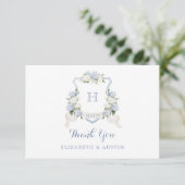 Floral Blue Hydrangea Crest Bruiloft Monogram Bedankkaart (Staand voorkant)