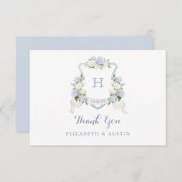Floral Blue Hydrangea Crest Bruiloft Monogram Bedankkaart