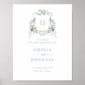 Floral Blue Hydrangea Crest Monogram Welkomstbord Poster (Voorkant)