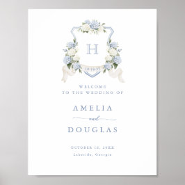Floral Blue Hydrangea Crest Monogram Welkomstbord Poster