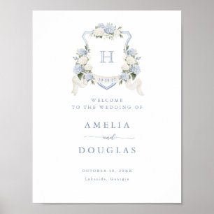 Floral Blue Hydrangea Crest Monogram Welkomstbord Poster